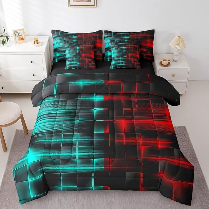 Feelyou Red and Blue Comforter Set with Sheets 7 Piece Queen Size Kids Geometric Bed in a Bag Strip Lines Bedding Set Abstract Art Bed Set with Comforter, Sheets,Pillowcases,Cushion Covers