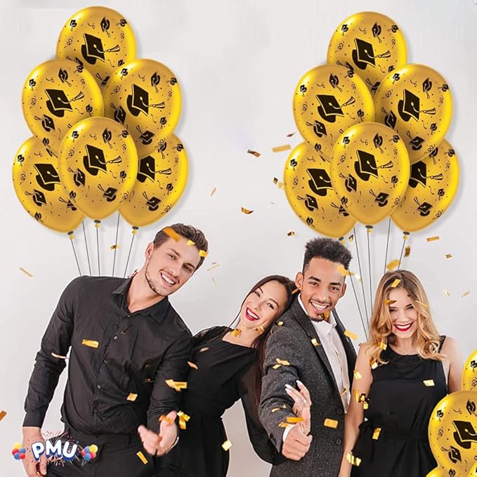 PMU100 Pcs Metallic Gold Graduation Balloons Class of 2025 with All-Over Print White Grad Caps-Confetti and Streamers | Graduation Party Supplies | Congratulations Grad Latex Balloons Latex