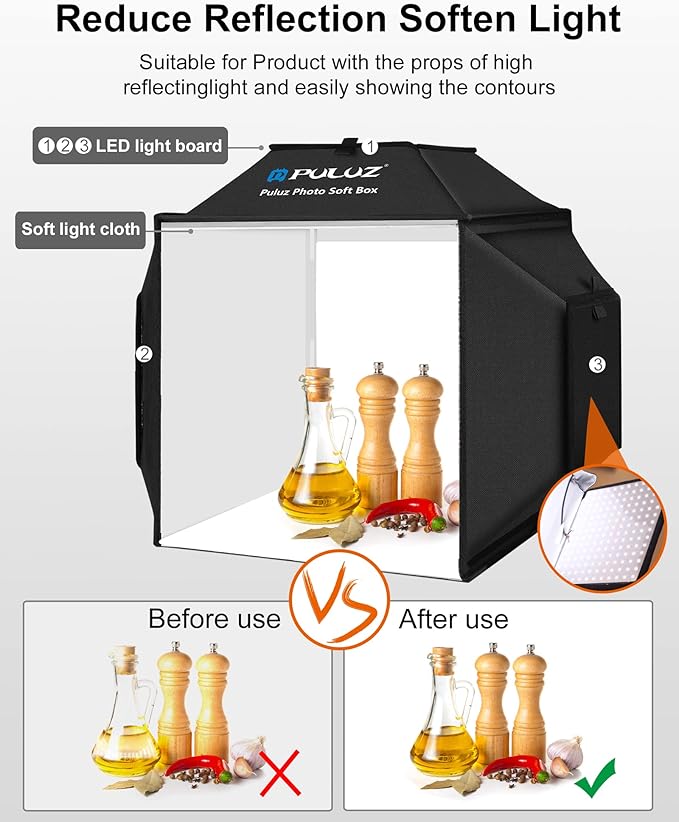 PULUZ Photo Studio Light Box 16'' x 16'' x 16'' Portable Foldable Photo Tent Light Box 24W Professional Studio Shooting Tent Soft Box with Carry Bag and 4 Color Backdrops (Black, Orange, White, Green)