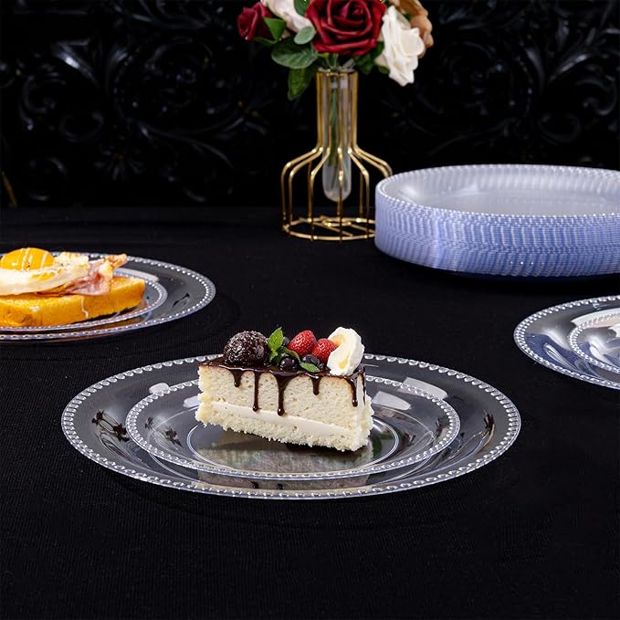 Rubtlamp 60Pcs Clear Plastic Plates, Clear Disposable Plates With Beaded, Heavyduty Plates Include 30 Dessert Platos, 30 Dinner Platos for Wedding Party