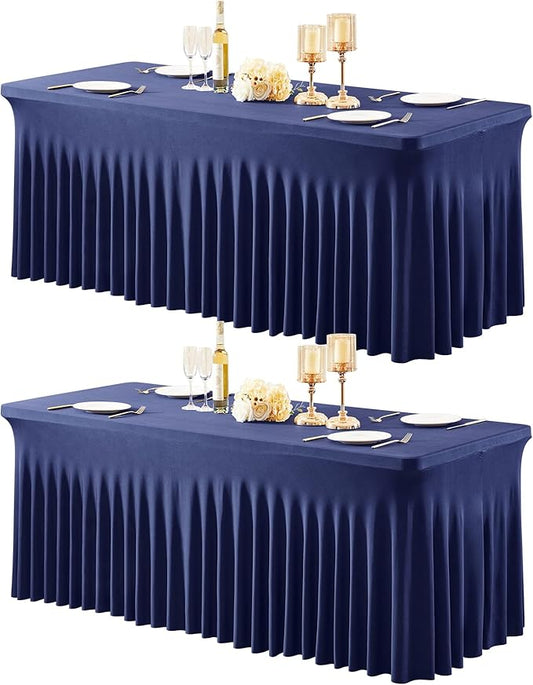 2 Packs Navy Blue Table Clothes for 8 Foot Rectangle Tables, One-Piece Wrinkle Resistant Stretch Spandex Table Covers with Table Skirt for Event Banquet Wedding Birthday Party