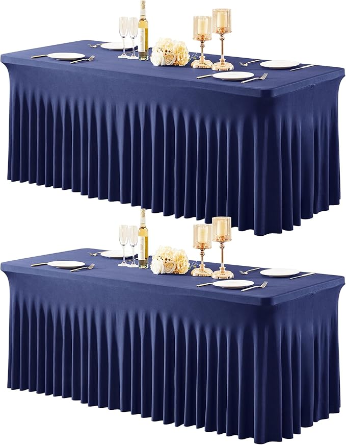 2 Packs Navy Blue Table Clothes for 6 Foot Rectangle Tables, One-Piece Wrinkle Resistant Stretch Spandex Table Covers with Table Skirt for Event Banquet Wedding Birthday Party
