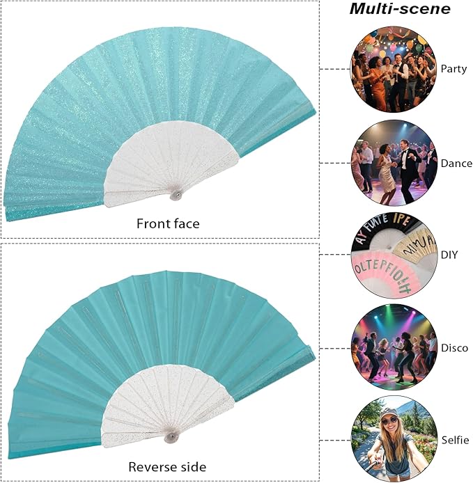 48 Pack Handheld Fan,Folding Hand Glitter Fan with Shining Transparent Fan Rib – Ideal for Wedding, Church, Festival, Dance, Tea Party, Club, and EDM Accessories, Sky Blue
