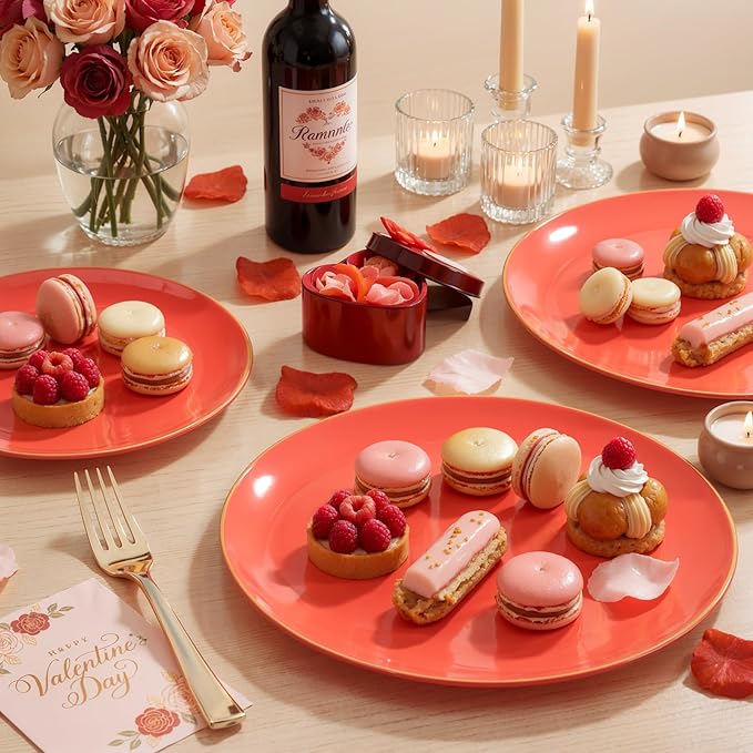 KIRE 350PCS Red Plastic Plates - Heavy Duty Red Plates Disposable - 50Guest Plastic Dinnerware Include 50Dinner Plate,50Dessert Plate,50Pre Rolled Napkins with Silverware for Valentine's Day&Wedding