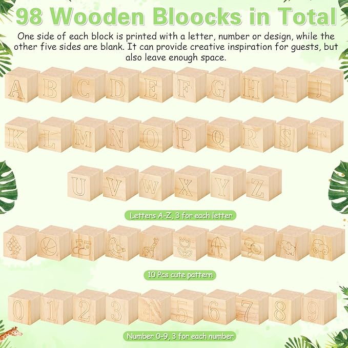 Marsui 136 Pcs Baby Shower Blocks to Decorate Game Kit Includes 98 Wooden Blocks, 36 Markers, 1 Game Sign, 1 Storage Box for Baby Shower Gender Reveal Activity Party Decorations(Animal)