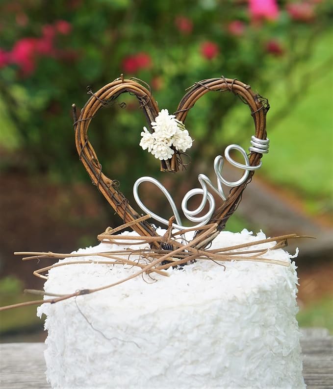 Rustic Love Cake Topper with White Baby’s Breath Flowers – Country Wedding Decoration for Bride and Groom, Rustic Wedding Cake Accessory for Engagement, Shower, or Anniversary Celebration