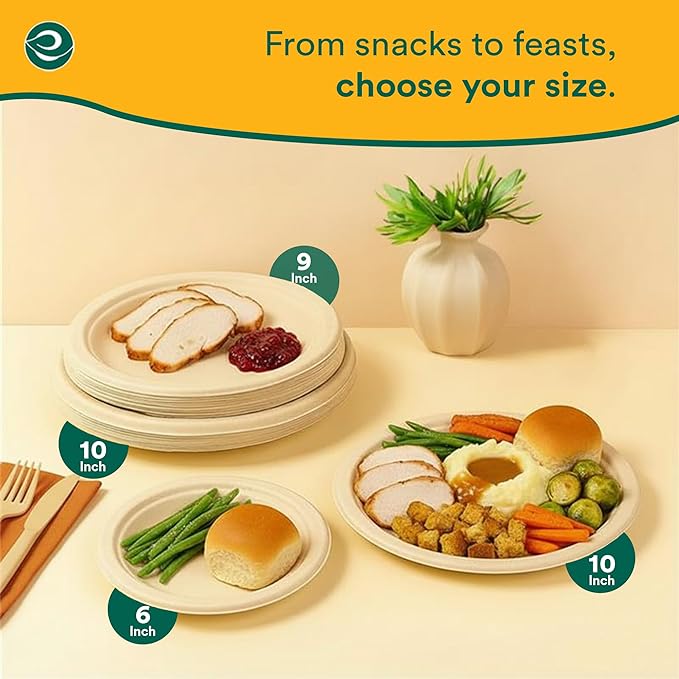 ECO SOUL 9 Inch Compostable Disposable Paper Plates [200 Pack] Food Safe 100% Virgin Bagasse Pulp Heavy Duty Biodegradable Microwave Safe Large Round Dinner Plate for Party, Picnic & BBQ (Brown)