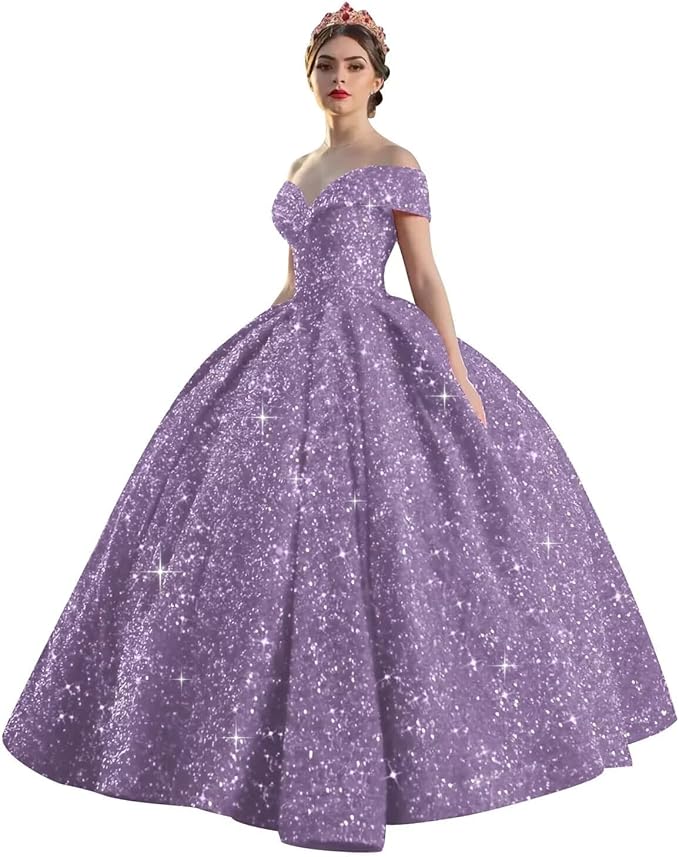 Quinceanera Dress Long Ball Gown Sparkly Sequin Off Shoulder V Neck Prom Dresses