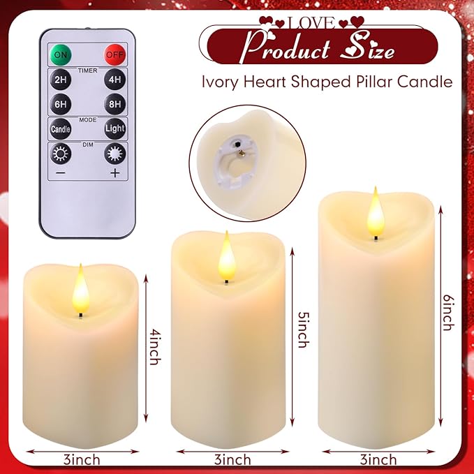 Retisee 3 PCS Valentine's Day Heart Pillar Candle - 4" 5" 6" LED Battery Operated Flameless Candle with Remote for Valentine Women Romantic Home Weeding Decoration Gift(Ivory)