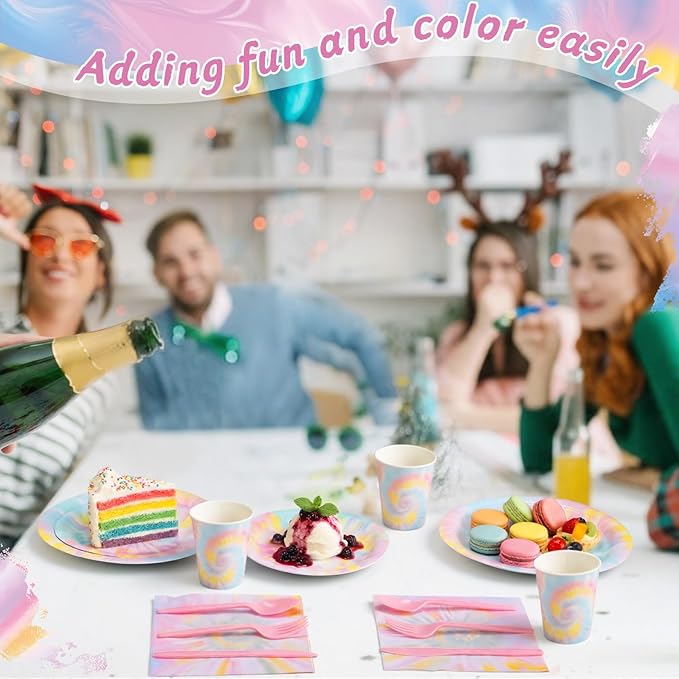 Pickmesh 400 Pcs Tie Dye Party Supplies Set Pastel Include Disposable Paper Plates Napkins Cups Cutlery for Men Women Colorful Dinnerware for Hippie Baby Shower Birthday Party Decorations Serve 50