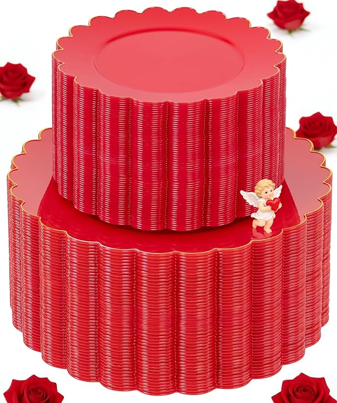 Supernal 100pcs Red Plastic Plates,Fancy Disposable Plates Heavy Duty,Red and Gold Party Supplies Including 10.25’’ Dinner & 7.5’’ Dessert Plastic Plate,Elegant Disposable Plate Suit for Party,Wedding