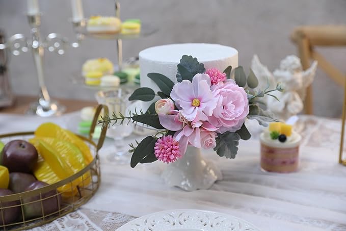 Serra Flora 3Pcs Pre-made Silk Flowers Cake Topper Wedding Artificial Flowers Decor Blusher Pink Flowers Cake Decorations for Girl Sweet Weddings Boho Party Supplies.