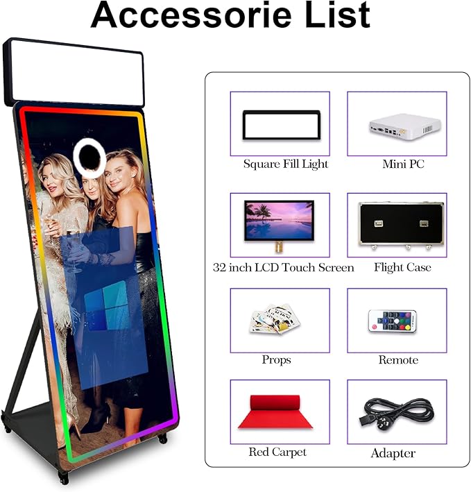 Magic Mirror Photo Booth,Mirror Photo Booth Interactive Touch Screen with Flight Case, Built-in Mini PC with Instant Print and Sharing for Event Party Wedding Rental (Black, 32''Screen+Printer)