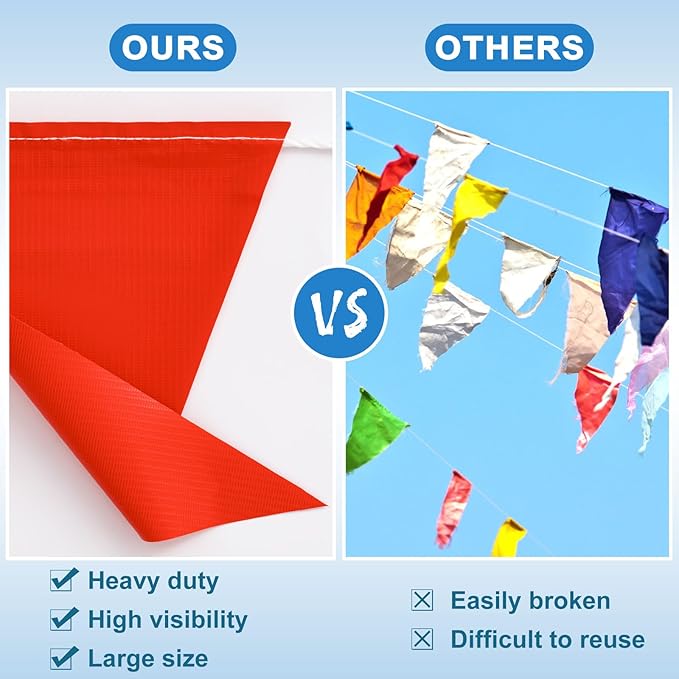 Preboun 197FT Pennant Banner Flags High Visibility Safety Marking Flags Traffic Resistant Warning Signs Rooftop Flagging for Roadwork, Hazard Areas, Construction Sites(9 x 12 Inch,Red)