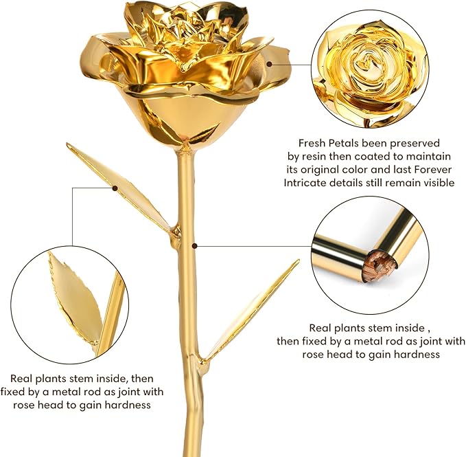 Gold Dipped Rose Real 24K Gold Rose, Genuine One of a Kind Rose Hand Dipped in 24K Golden Roses Romantic Gifts for Women in Her Birthday Anniversary Valentines Day Mothers Day