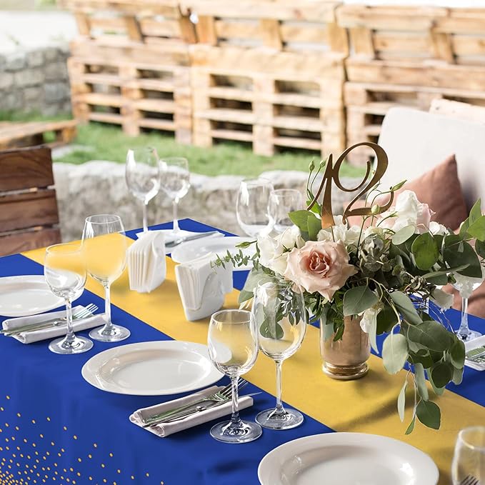 24Pack Disposable Plastic Tablecloths and Satin Table Runner Set Blue and Gold Dot Tablecloth Gold Satin Table Runner for Wedding Birthday Baby Shower Anniversary Christmas New Year Party Decorations