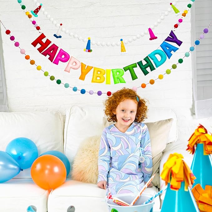 3Pcs Pre-Strung Reusable Happy Birthday Banner - Colorful Felt Ball Garland - Rainbow Party Decorations, Personalized Holiday Sign for Home Classroom Office Decor, Photo Prop Happy Birthday Sign for Kids Birthday Party (Birthday Banner + Felt Hat Garla...