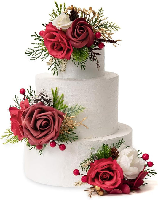TINGE TIME 3Pcs Pre-made Cake Toppers，Wedding Artificial Flowers Decor, Cake Decorations for Weddings, Birthdays, Party,Baby Shower,Celebration(Burgundy)
