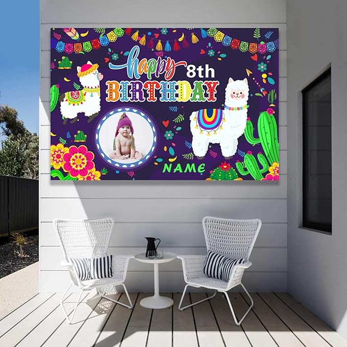 Custom Llama Cactus Happy Birthday Party Decorations Supplies Personalized Mexican Llama Cactus Birthday Backdrop Banner(5x7.5ft)
