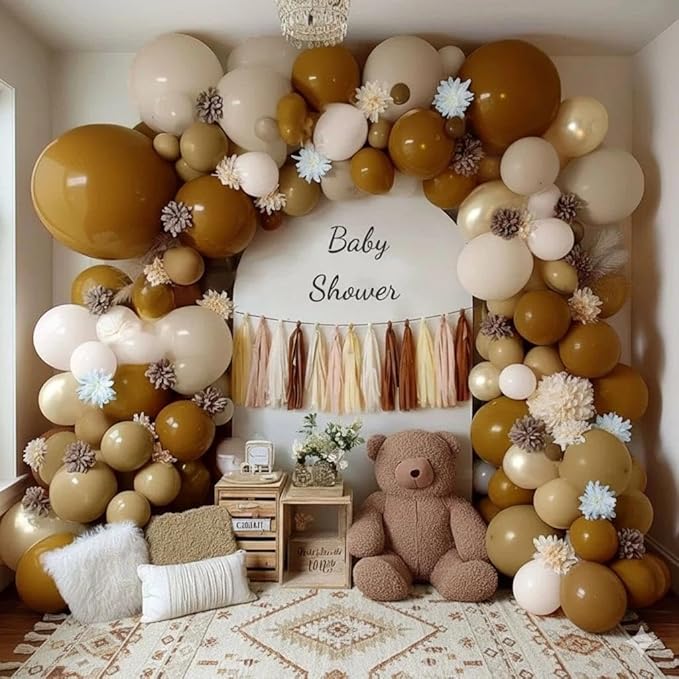 Neutral Balloon Arch Garland Kit - Double Stuffed Brown Nude Beige Cream Gold Balloons with 12pcs Artificial Flowers & 20pcs Tissue Tassels for Birthday Bear Baby Shower Party Decoration