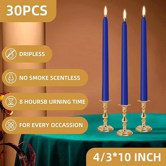 30 Pack Blue Taper Candles - Taper Candles 10 Inch Dripless, Smokeless & Unscented - 8 Hours Long Burning - Ideal for Weddings, Dinner Parties, and Home Decor