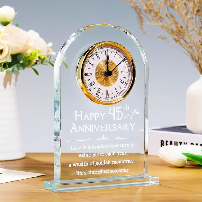 YWHL 45th Wedding Anniversary Quartz Clock Gift for Parents, 45 Year Anniversary Romantic Gifts for Couples, Happy 45th Anniversary Glass Keepsakes Decorations (Battery not Included)