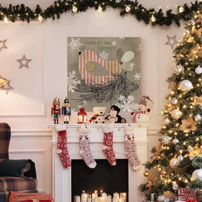 Renditions Gallery Home for the Holidays Bird Wall Art, Cute Christmas & Winter Decor, Pine Cones & Snowflakes, Premium Gallery Wrapped Canvas, Ready to Hang, 32 in H x 32 in W, Made in America