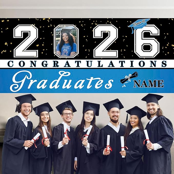 Custom Graduation Garage Door Banner Decoration 7x16ft with Photo Congrats Garage Door Cover 2026 Party Photo Booth Backdrop Party Supplies(Sky Blue)