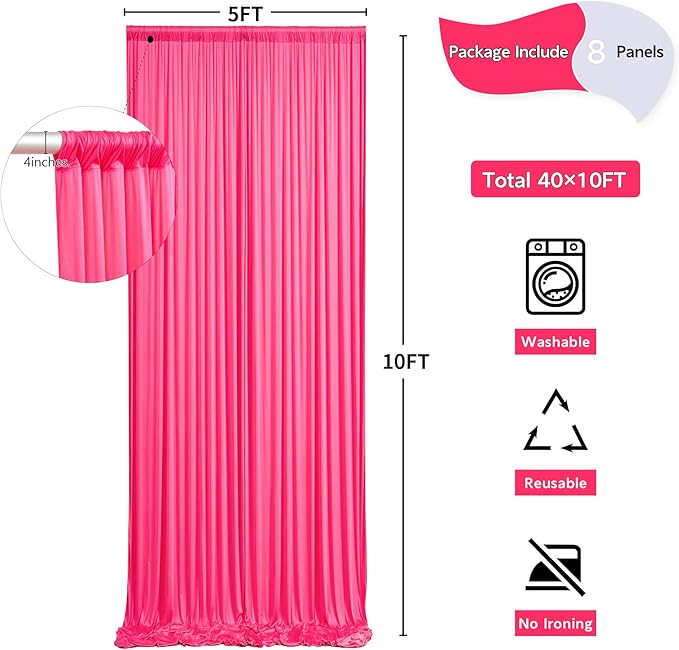 40 ft x 10 ft Wrinkle Free Fuchsia Backdrop Curtain for Parties, 8Panels Polyester Hot Pink Photo Backdrop Drapes for Wedding Birthday Party Baby Shower
