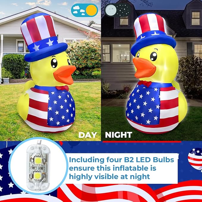 5FT Patriotic Independence Day 4th of July Inflatable Duck Decorations Outdoor Decor with Built-in LED Lights Blow Up Yard Decoration for Holiday Patriotic Party