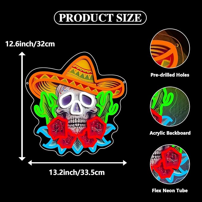 Day of the Dead Neon Sign, Mexican Sugar Skull LED Neon Light Signs for Wall Decor Mexican Calavera Sign for Home Bar Restaurant Día de Muertos Party Decorations Dimmable USB Powered(13.2"*12.6")