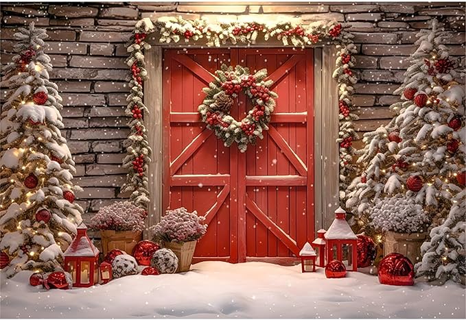 Baocicco 20x10ft Merry Christmas Backdrop Photographers Red and White Barn Door Christmas Trees Snow Background Cloth Happy New Year Party Banner Supplies Winter Family Banner Photo Booth Studio Prop