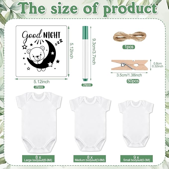 Panitay 126 Pcs Baby Shower DIY Bodysuit Set Bib 25 Blank White Newborn Bodysuit 25 Stencils 24 Marker 1 Sign 50 Pins(Greenery)