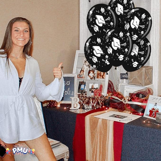 PMU 100 Pcs Black Graduation Balloons Class of 2025 with All-Over Print White Grad Caps-Confetti and Streamers | Graduation Party Supplies | Congratulations Grad Latex Balloons Latex
