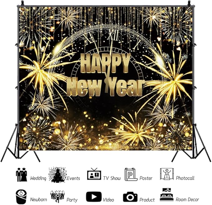 New Year Backdrop 10x8ft Black and Gold Firework Shining Gold Background Happy 2026 New Year Eve Photo Backdrops for Photography NYE Party Photo Studio Props