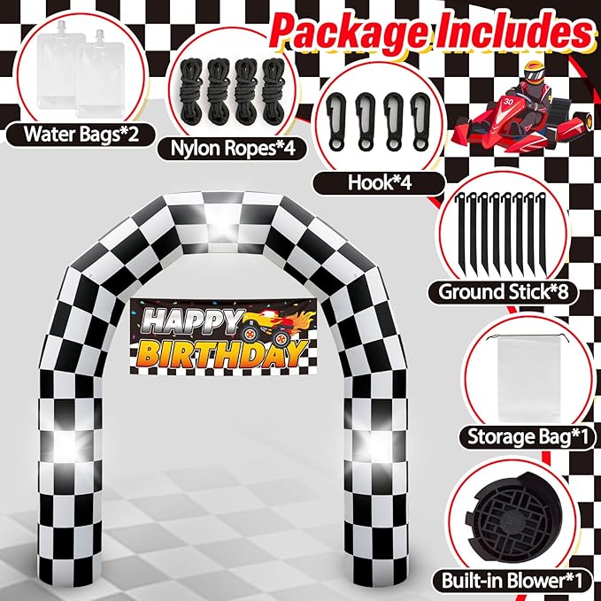 8FT Black and White Checkered Outdoor Race Car Inflatable Arch with Happy Birthday Banner, Blow Up Racing Party Decoration with Built-in 3 LED Lights for Race Car Themed Birthday Party Lawn Yard Decor