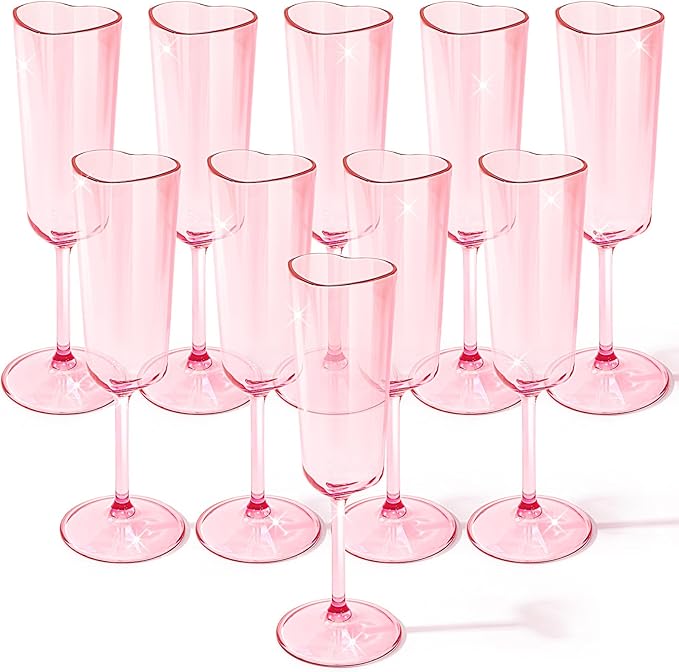 10 Pcs Galentines Day Party Supply Pink Champagne Flutes 6 oz Valentines Day Heart Shaped Champagne Flutes Acrylic Wine Cups for Valentines Galentines Bachelorette Wedding Bridal Shower