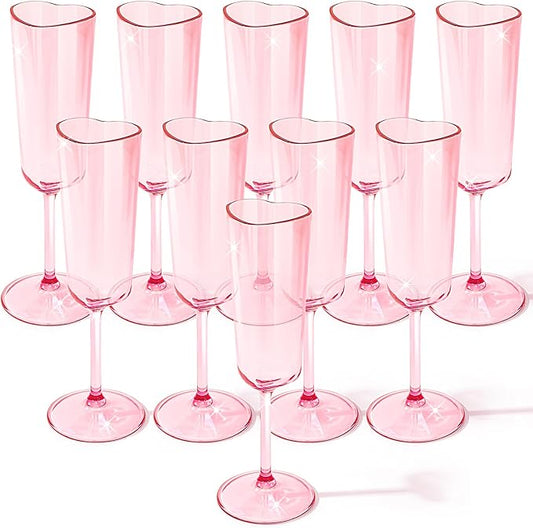 10 Pcs Galentines Day Party Supply Pink Champagne Flutes 6 oz Valentines Day Heart Shaped Champagne Flutes Acrylic Wine Cups for Valentines Galentines Bachelorette Wedding Bridal Shower