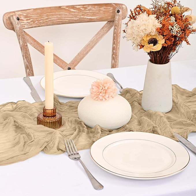 24 Pack Beige Cheesecloth Table Runner 120 inch Fall Thanksgiving Boho Rustic Gauze Farmhouse 10FT Cheese Cloth Runner for Baby Shower Wedding Party Holiday Home Decor