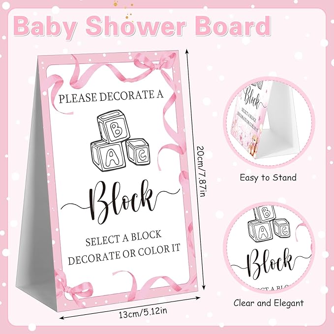 Marsui 136 Pcs Baby Shower Blocks to Decorate Game Kit Includes 98 Wooden Blocks, 36 Markers, 1 Game Sign, 1 Storage Box for Baby Shower Gender Reveal Activity Party Decorations(Pink Bow)