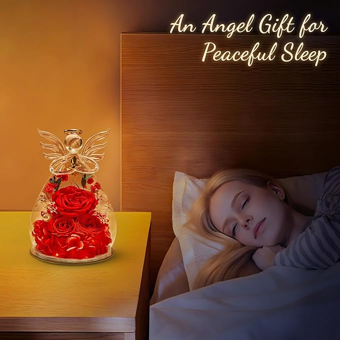 Birthday Gifts for Women Mom Preserved Roses in Glass Angel Figurines Fresh Flowers for Delivery Forever Flowers Eternal Rose Valentines for Grandma Sister Wife Her from Daughter