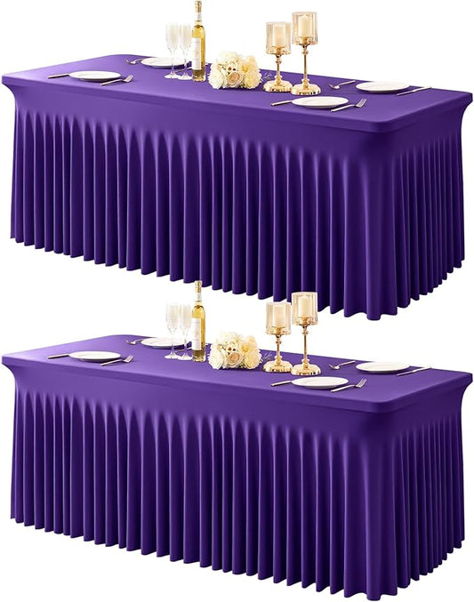 2 Packs Purple Table Clothes for 8 Foot Rectangle Tables, One-Piece Wrinkle Resistant Stretch Spandex Table Covers with Skirt for Event Banquet Wedding Birthday Party