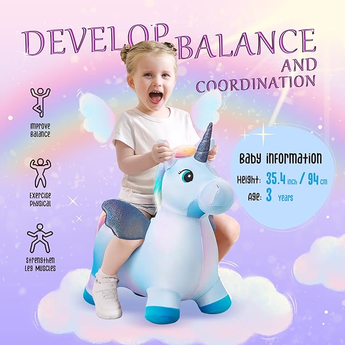 EVERICH TOY Unicorn Bouncy Horses Inflatable Plush Hopping Toy, Bouncing Hopper Animals for Toddlers, Outdoor & Indoor Christmas Toys for Boys Girls, Gift for 1-3 W/Free Christmas Accessories