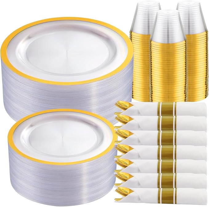 I00000 210 Pcs Clear Plastic Plates,Gold Disposable Plates,Include 30 Dinner Plates 10.25'',30 Dessert Plates 7.5'',30 Gold Rim Cups 30 Pre Rolled Napkins with Plastic Cutlery for Thanksgiving