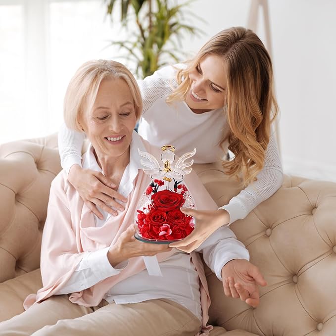 Birthday Gifts for Women Mom Preserved Roses in Glass Angel Figurines Fresh Flowers for Delivery Forever Flowers Eternal Rose Valentines for Grandma Sister Wife Her from Daughter