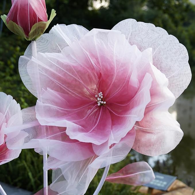 Giant Artificial Flower Decor,Oversized Gradient Organza Flower with Bendable Stem,DIY Shape Fake Flower Sculpture with Heavy Base for Wedding,Event,Party & Photo Backdrop,Store Display (red)