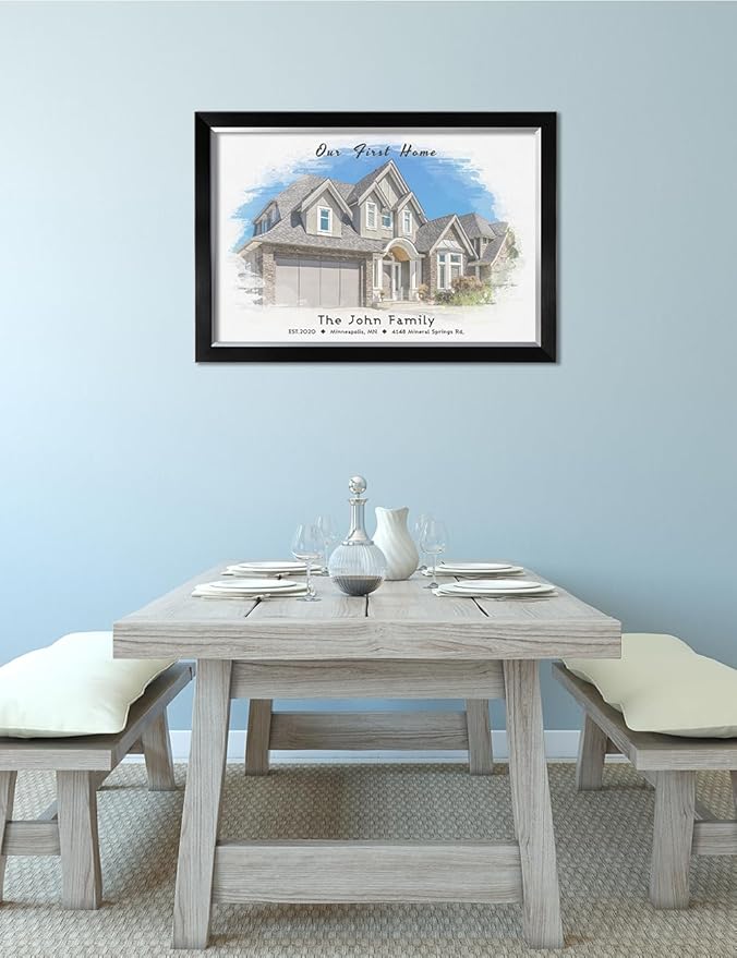 IPIC - Custom Watercolor House Portrait.Personalized Artwork with Names and Date on, Customized Gift for Anniversary,Wedding,Birthday and Holidays. Picture size: 30x20, Framed Size: 33x23