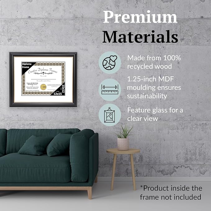 Creative Picture Frames 12" x 15" Rockefeller Black with Gold Rim Diploma Frame, Displays 12" x 15" Certificate or 16" x 20" Document without Mat, College Degree Frame, Full-Strength Glass, White Mat