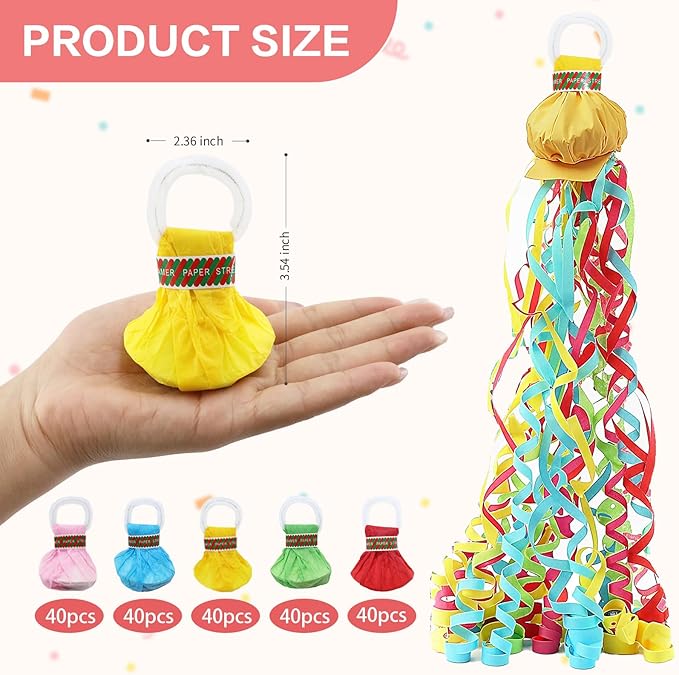 200 Pcs Colorful Streamer Poppers, No Mess Streamers, Hand Throw Streamers with Colorful Ribbon for Wedding, Birthday, Party Celebrations, Graduation, Party Favors Shows