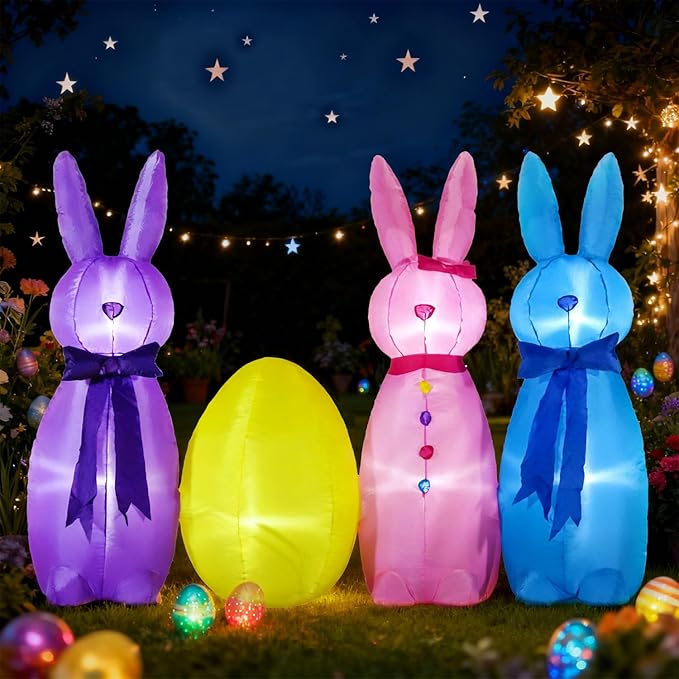 DomKom 6FT Long Easter Inflatable Bunny Outdoor Decorations, Build-in LED Lights Holiday Blow Up Yard Decoration, for Easter Holiday Party, Outdoor,Garden, Yard Lawn Décor